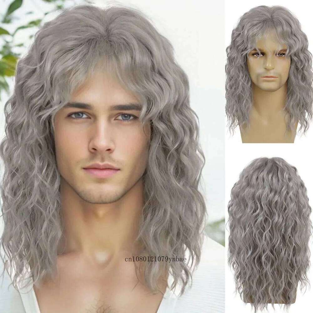 Grey Cosplay Synthetic Wigs for Older Men Halloween Long Wavy with Bangs Natural Wave Carnival Party Hair Replacement Wig