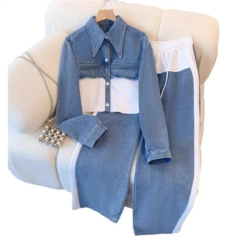 Vintage Women Patchwork Denim Jacket Pant Sets Long Sleeve Cropped CoatHigh Waist Wide Leg Pants Daily Versatile Denim Suit 250808