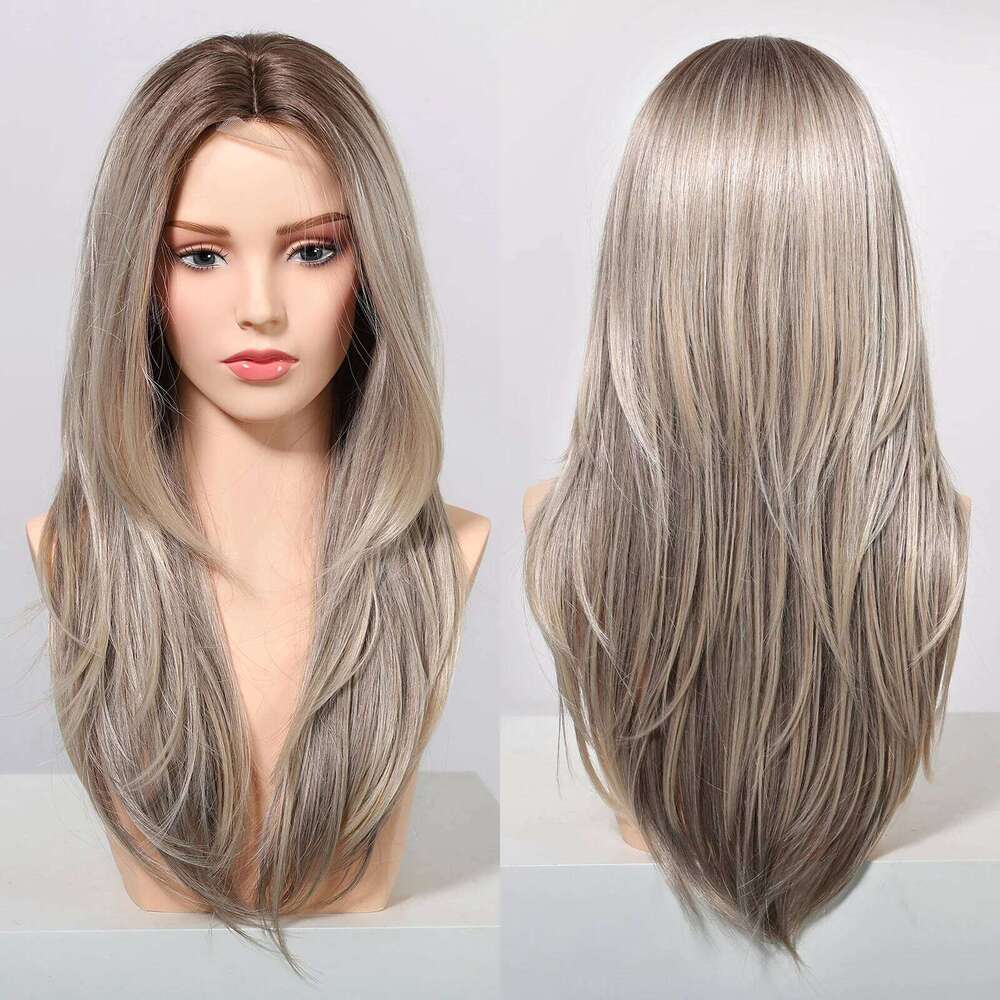 Gray Blonde Synthetic Dark Root Hairline Lace Frontal Straight Layered for Women Ladies Daily Use Wigs Heat Resistant