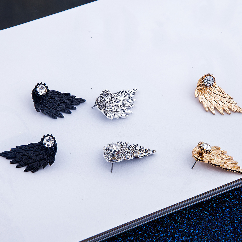 3D Angel Wings Earrings Feather Inlaid Alloy Piercing Studs