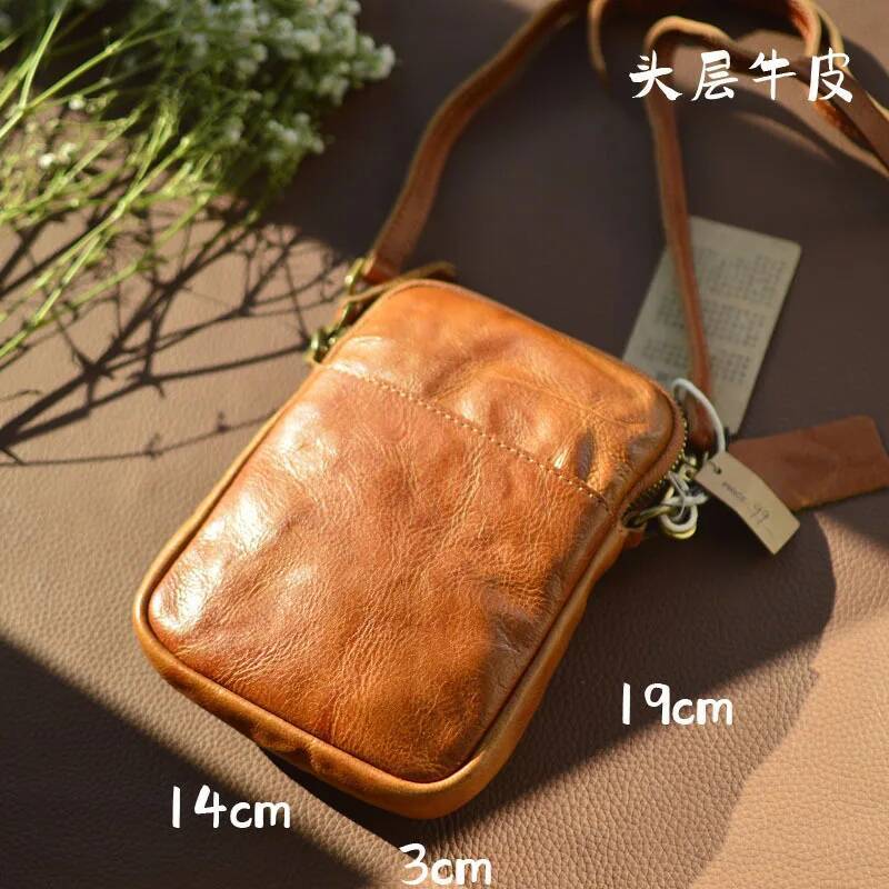 AETOO New vintage vegetable tanned leather shoulder cowhide casual backpack crossbody men's mini bag Leather mobile phon