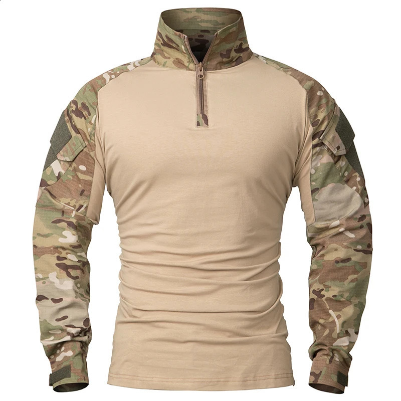 Mens Long Sleeve Combat Shirt 14 Zipper Ripstop Cotton Tactical Shirts Navy Blue Camoufalge Airsoft T 250809