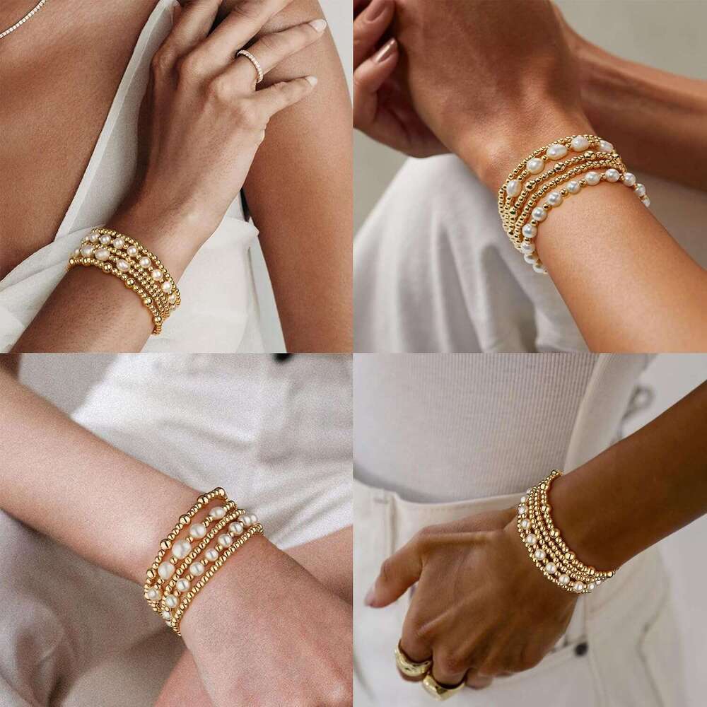 Bracelets Women Beaded 14K Gold Plated Stack Strand Stretch Bead Ball Stackable Adjustable Bracelet Set Jewelry for Gifts