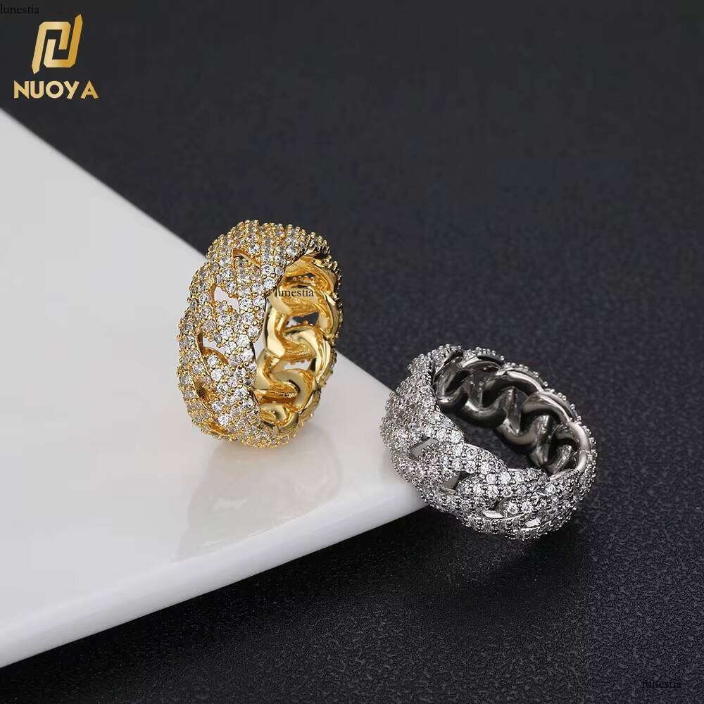 Nuoya Jewelry Hip Hop Lab Dia Finger Full Pave CZ Stone Iced Out Cuban Ring Gift for Men Women