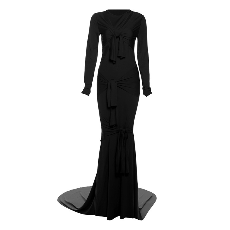 2025 Summer New Sexy Slim Hollow Long Sleeve Solid Color Elegant Dress Long Dress