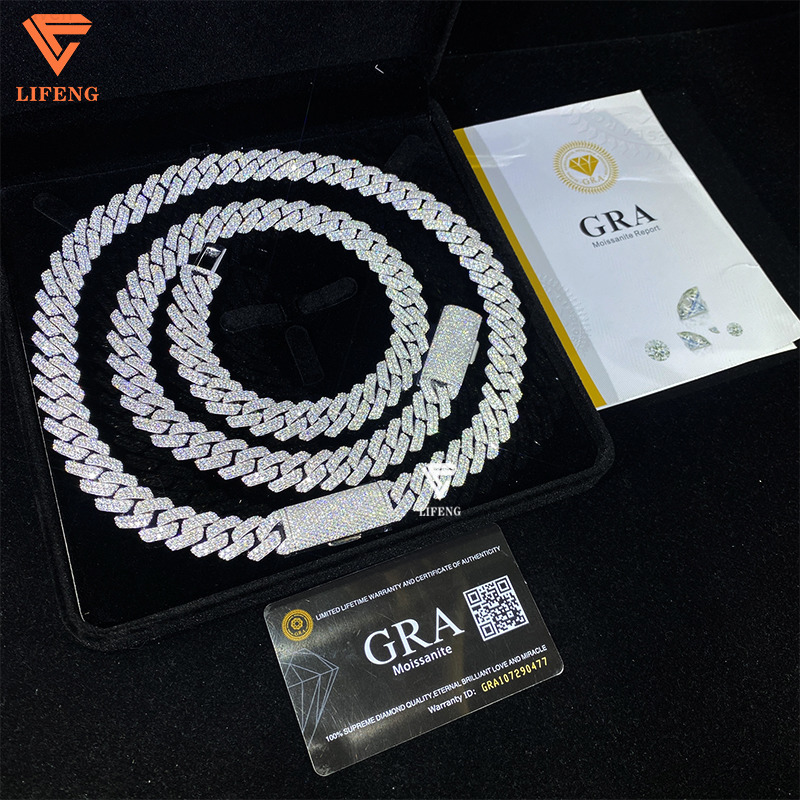 14mm Luxury 2-Row 925 Sterling Silver Cuban Link Chain VVS Iced Out Hip Hop Mens Moissanite Necklace