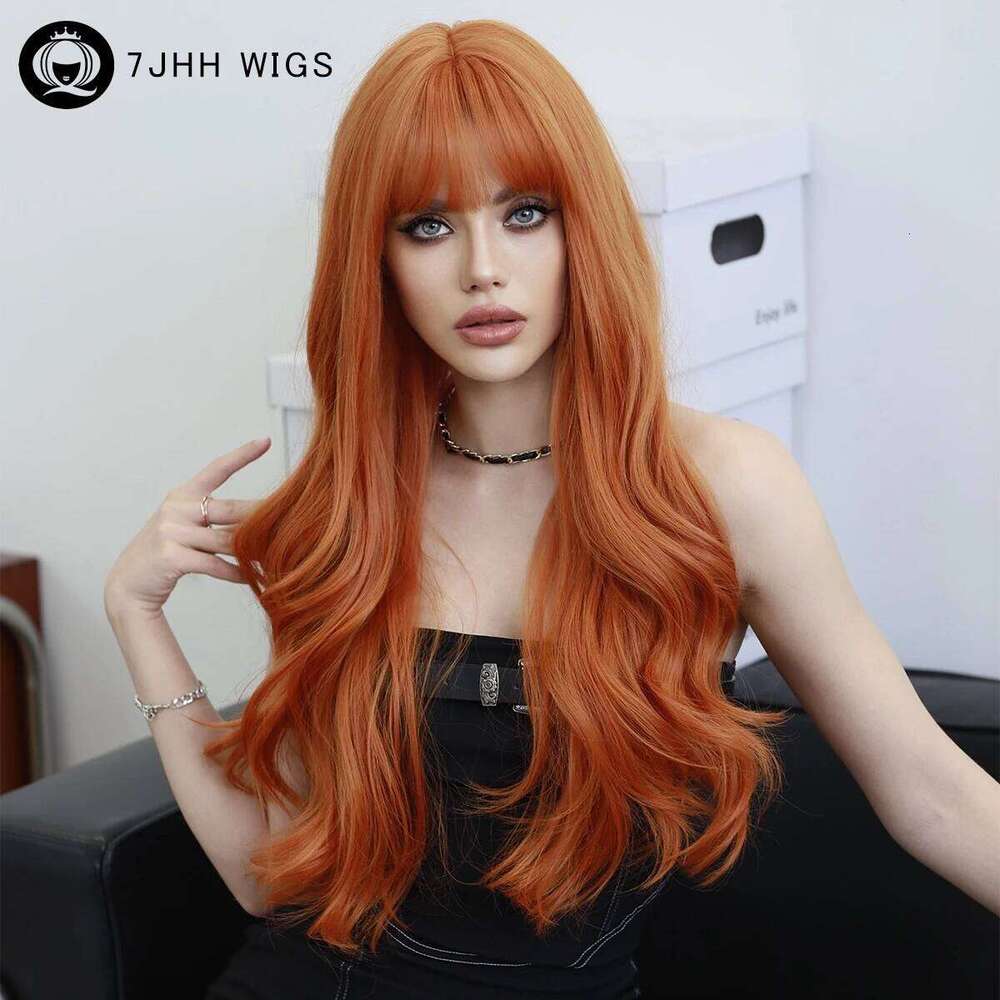 Long Orange Wig for Women Daily Party High Density Synthetic Loose Body Wavy Ginger Hair Wigs with Bangs Halloween Cosplay
