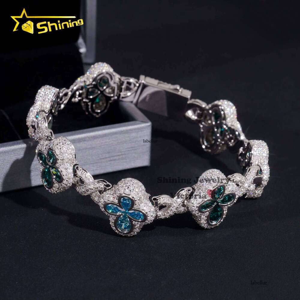 New Arrival Pearlescent Hip-Hop Jewelry Pure Sier Colorful Pear Quartz Ice Clover Infinite Chain Bracelet for Men