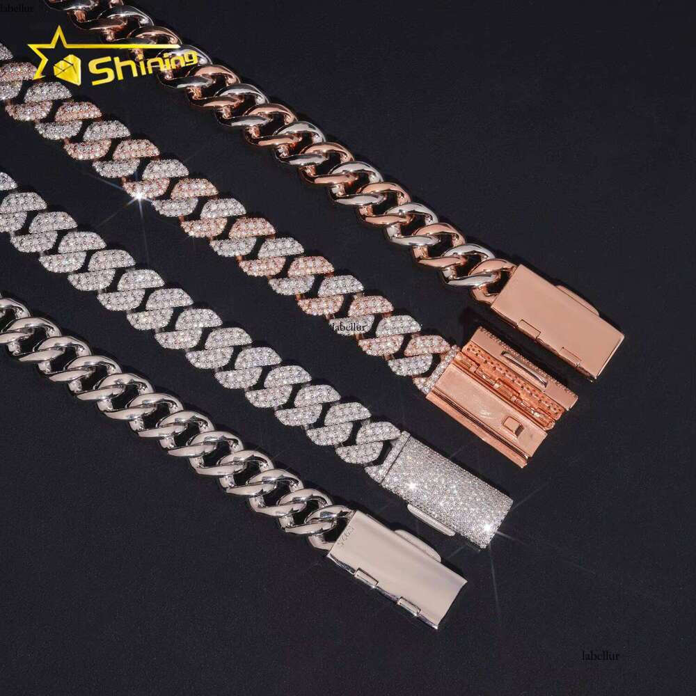 RTS Factory Hip Hop Jewelry 13Mm Raised Stones Solid Sterling Sier Gold Plated Iced Out Moissanite Miami Cuban Link Chain