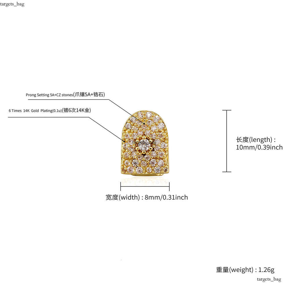 Hip-Hop Trend Full Dia Large Gold Single Zirconia Teeth Grillz Men's Versatile Accessories