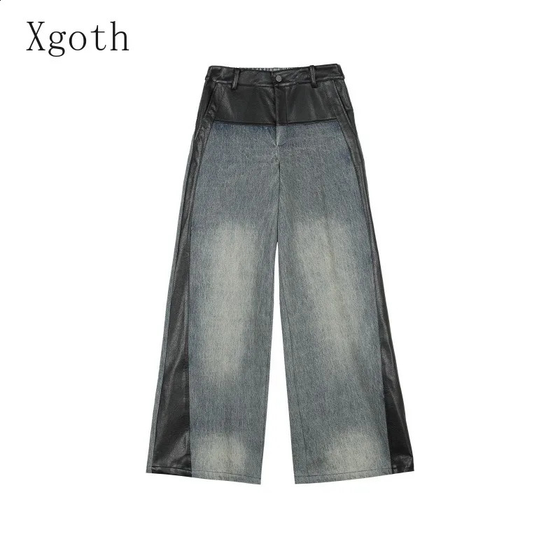Womens Sets Leather Spliced Denim Turndown Collar Raw Edge JacketWide Leg Jeans Sweet Cool Spicy s Two-Piece Lady Clothing 250808