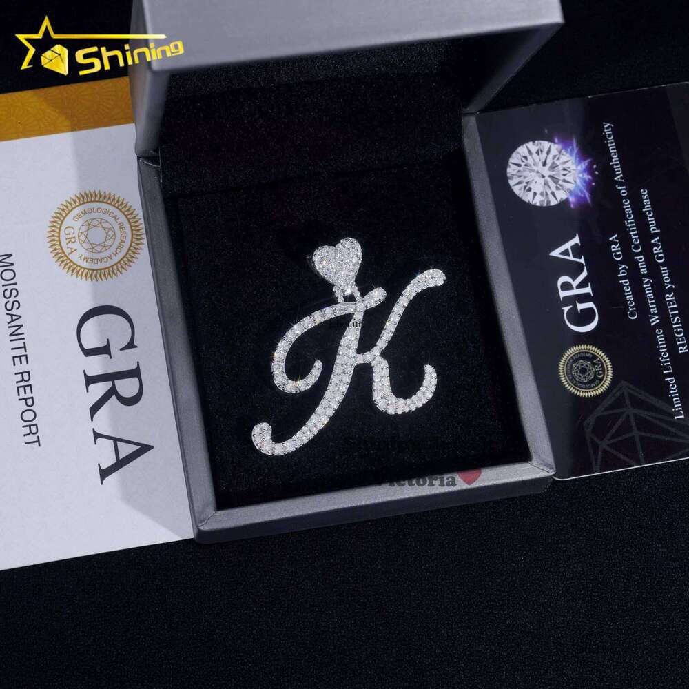 Hot Sale Heart Bail Charm Custom Personalized Name Sterling Sier Gold Plated Hip Hop VVS Moissanite Initial Letter Pendant