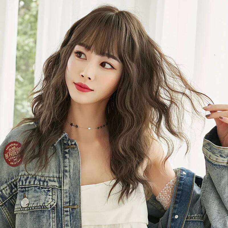 7JHH WIGS Synthetic Loose Curly Wave Cool Brown Wig for Women Daily Use Heat Resistant Layered Hair with Bangs Routine Wigs