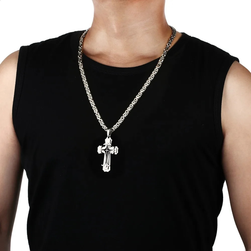 Vintage Stainless Steel Fleur-de-lis Cross Necklaces Pendants Long Byzantine Chain Necklaces Men Jewelry NC07 250805