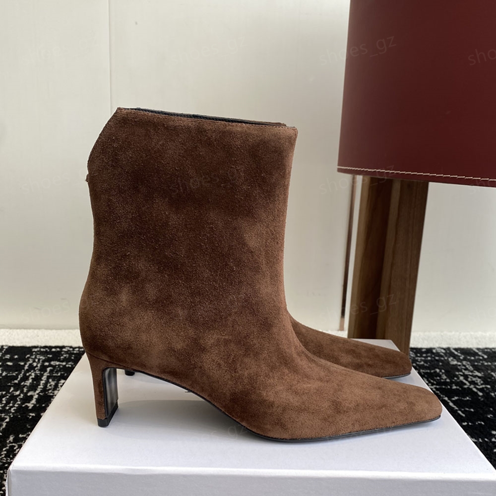 New Genuine leather Square Toes after Zip Ankle Boots 5.5cm Low Heel for women luxury designer Slip-On brand Fashion Boots 35-40