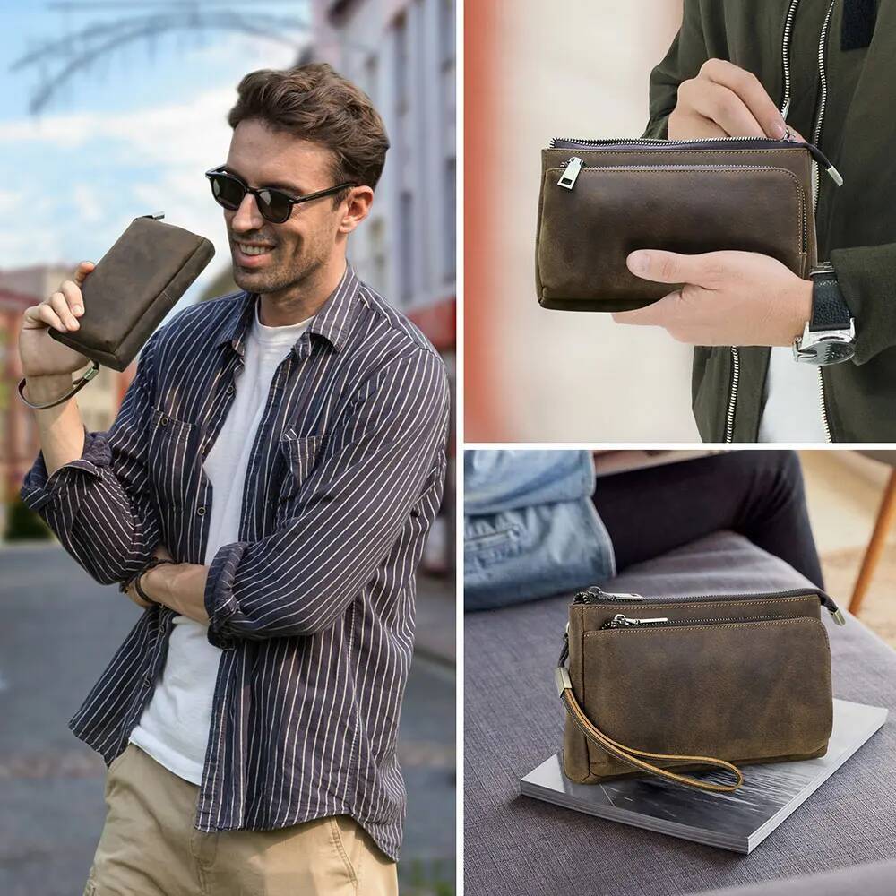 Cowhide Men's Bags Genuine Leather Men Business Travel Handbags Large Capacity Cable Organizer Clutch Purse Vintage Style