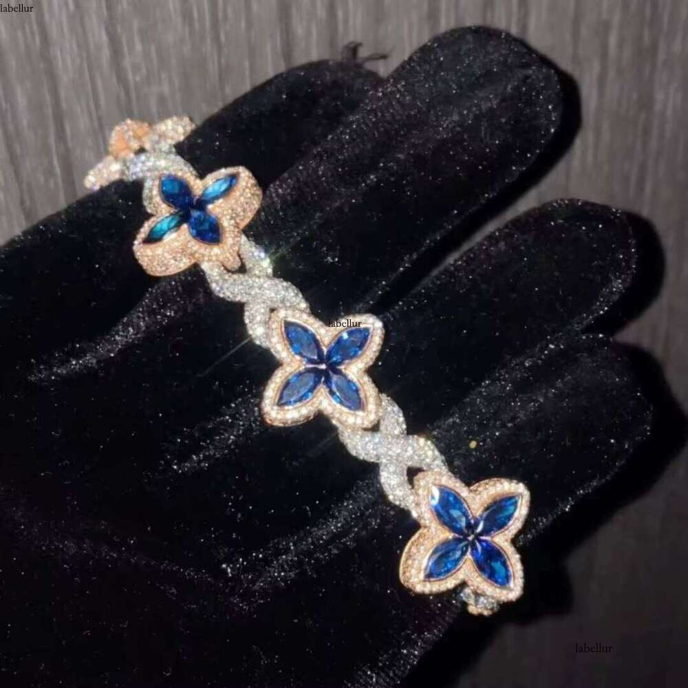 Charming Colorful Marquise Eye Moissanite Four-Leaf Clover Sier Cuban Chain Men's Women's Jewelry Bracelet Bangle