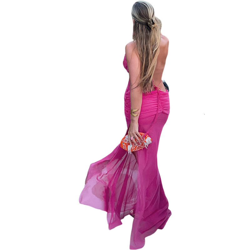 2025 Summer New Sexy Hot Girl See-through Backless Tie Halter Long Dress Womens Clothing