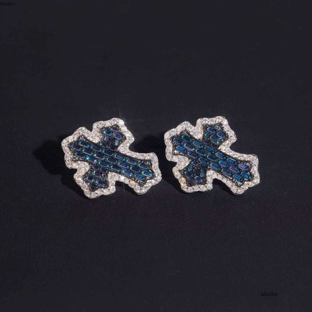 GRA Certificated Pass Dia Tester Men Sterling Sier Cross Stud Earrings Screw Back Blue Moissanite in Middle