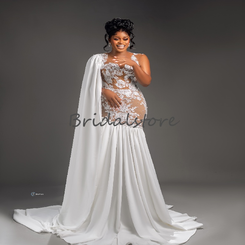 Elegant One Shoulder African Wedding Dress 2025 Plus Size Nigeria Mermaid Country Bridal Gowns Beaded Lace Bride Dress Ribbon Sleeves Robe De Mariage