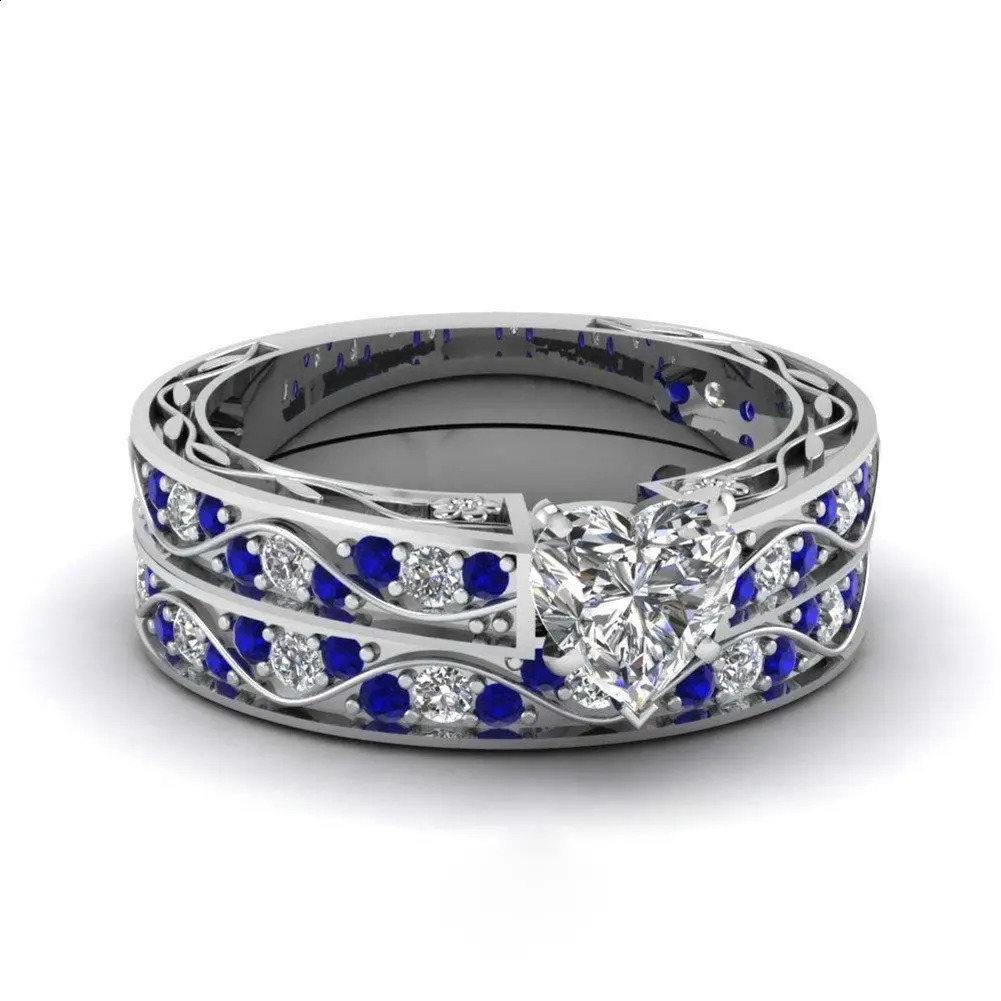 Fashion Couple Rings Romantic Women Heart Zircon Stone Rings Set Mens Blue Stainless Steel Ring Wedding Party Jewelry Gifts 250805