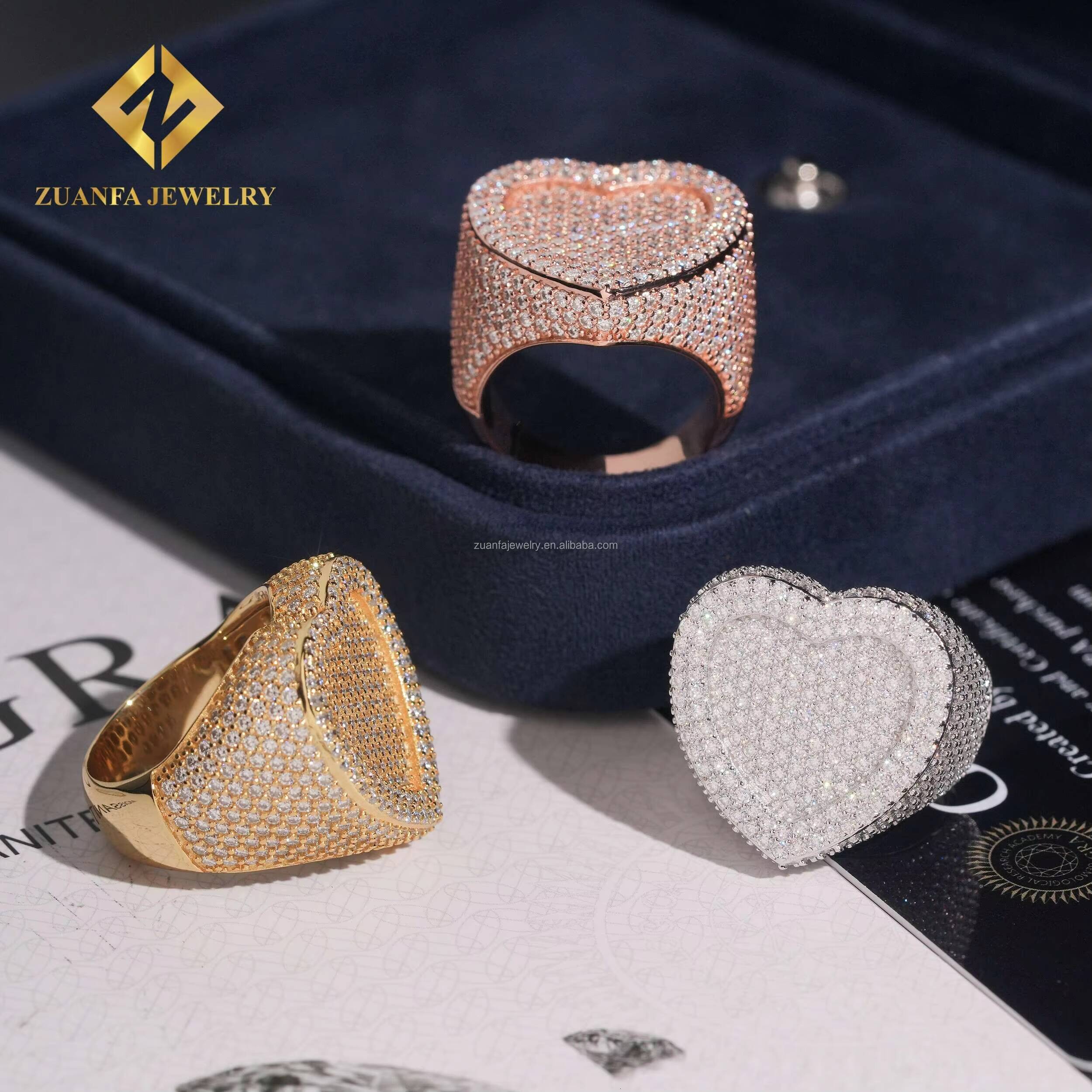 Bulk Stock Fashion Rapper 925 Solid Silver Hip Hop Luxury Iced Out Jewelry Heart Shape VVS1 Moissanite Diamond Man Band Ring