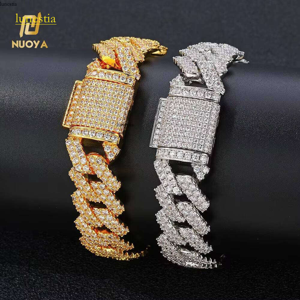 NUOYA Customizable 14MM White Gold Plated Dia Link Chain Bracelet Women Hip Hop Jewelry Gift Cuban Bracelets