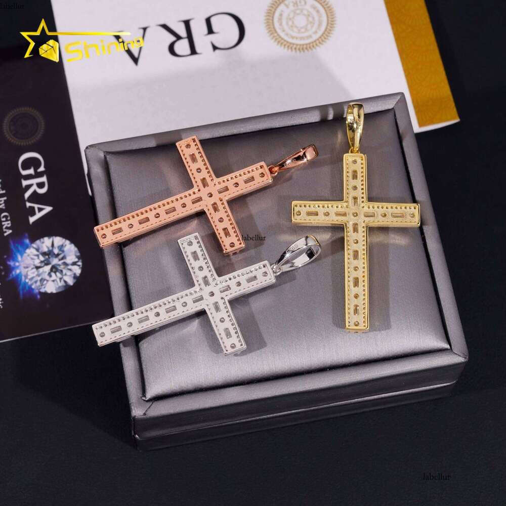 Hot Sale Baguette Cross Pendant Sterling Sier Gold Plated Pass Dia Tester GRA Moissanite Charms Necklace