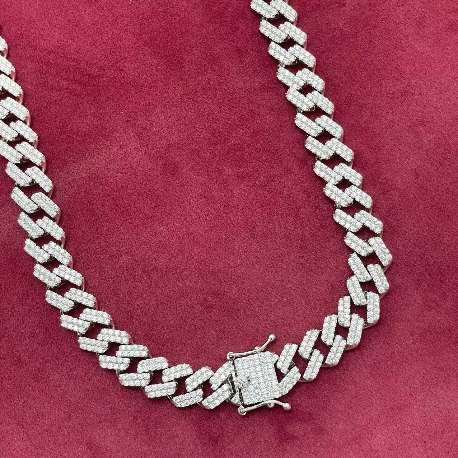 Hip Hop 12MM 925 Sterling Silver Soild Cuban Link Chain Cubic Zirconia Diamond-Studded Miami Cuban Link Necklace for Men