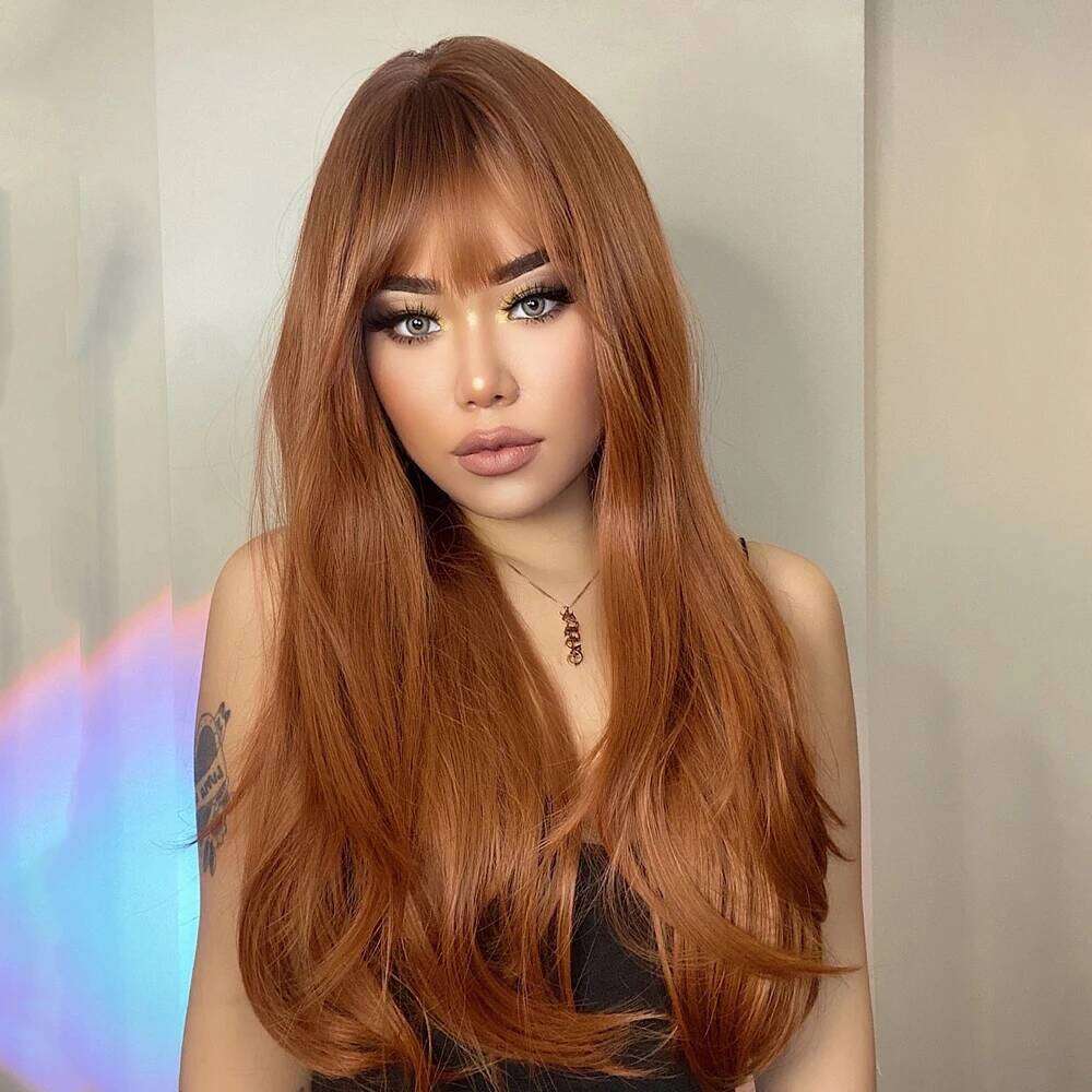 GEMMA Red Brown Copper Ginger Long Straight Synthetic for Women Natural Wave Wigs with Bangs Heat Resistant Cosplay Hair
