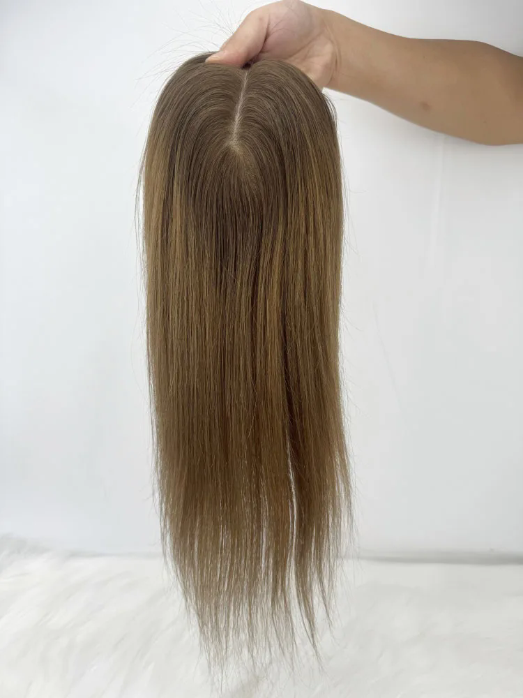 Light Brown Ombre Virgin Hair Women Topper Injected Silicone Skin Base Toupee 9x14cm Clip In Human Hair Topper Silk Bas PU Around or no pu