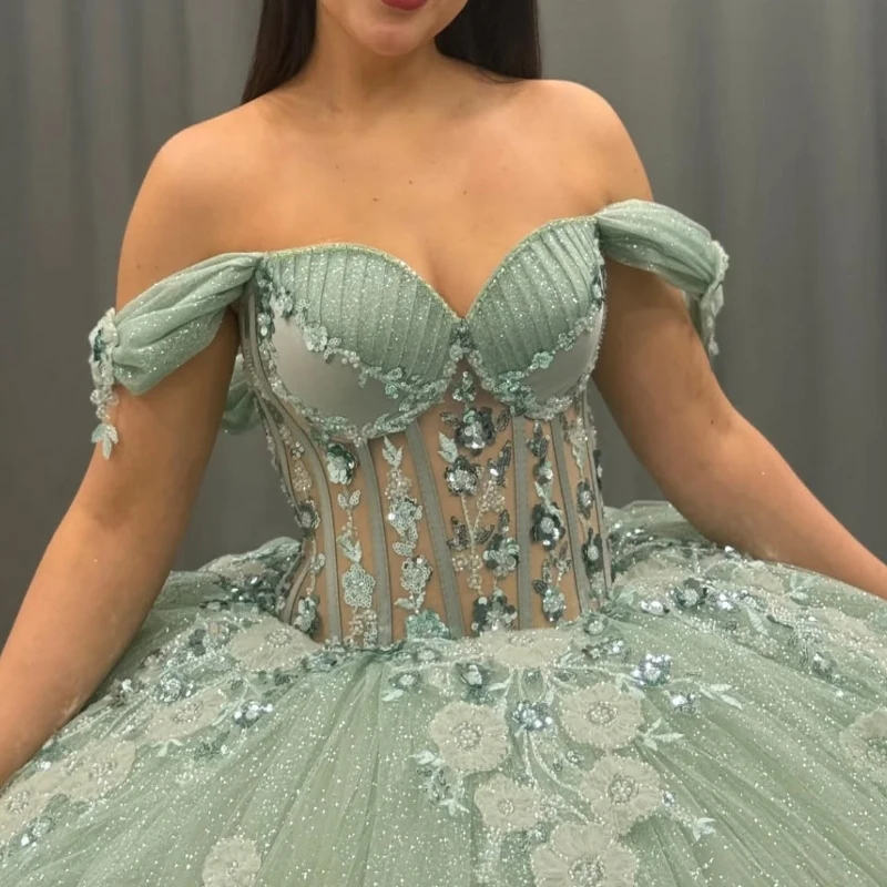 Green Quinceanera Dresses Ball Gown Off The Shoulder Applique Lace Beads Tull Corset Party Birthday Sweet 16 Dress Vestidos 15 Anos