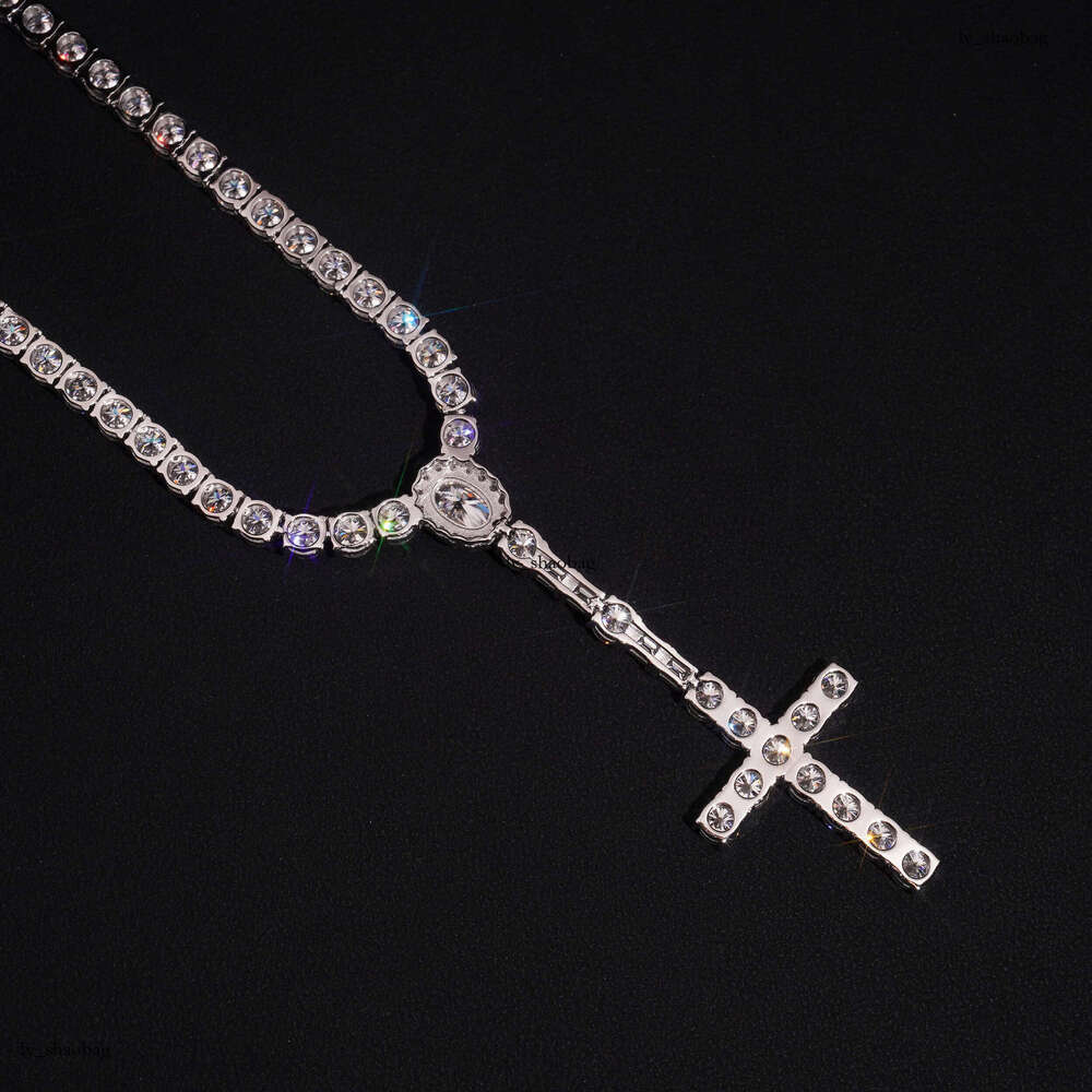 New Sier Full Inlaid Moissanite Tennis Chain Cross Integrated Necklace for Men and Women Jewelry