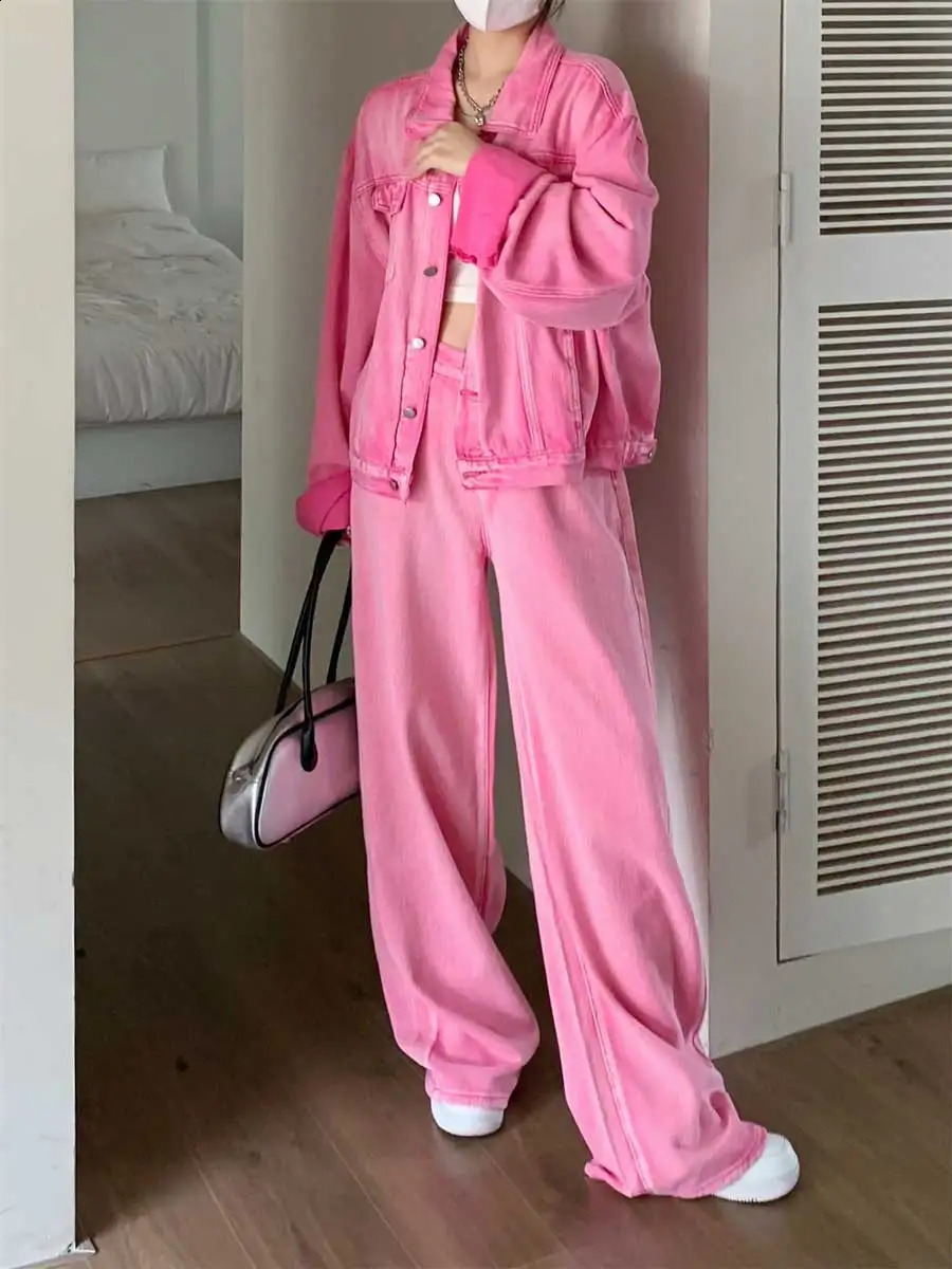 ReddaChic Women Aesthetic Pink Jacket Jeans Denim Suit Y2k Retro Casual Lapel Long Sleeves Statue Outer Baggy Jeans 2-piece Set 250808