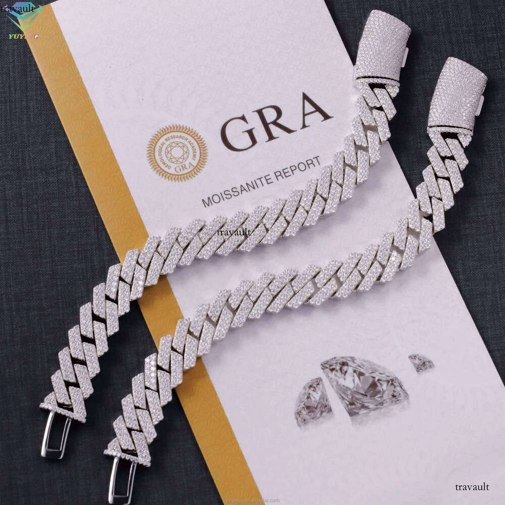 14mm Iced Out Sier 2 Rows White Gold Plated VVS Moissanite Cuban Link Chain Bracelet