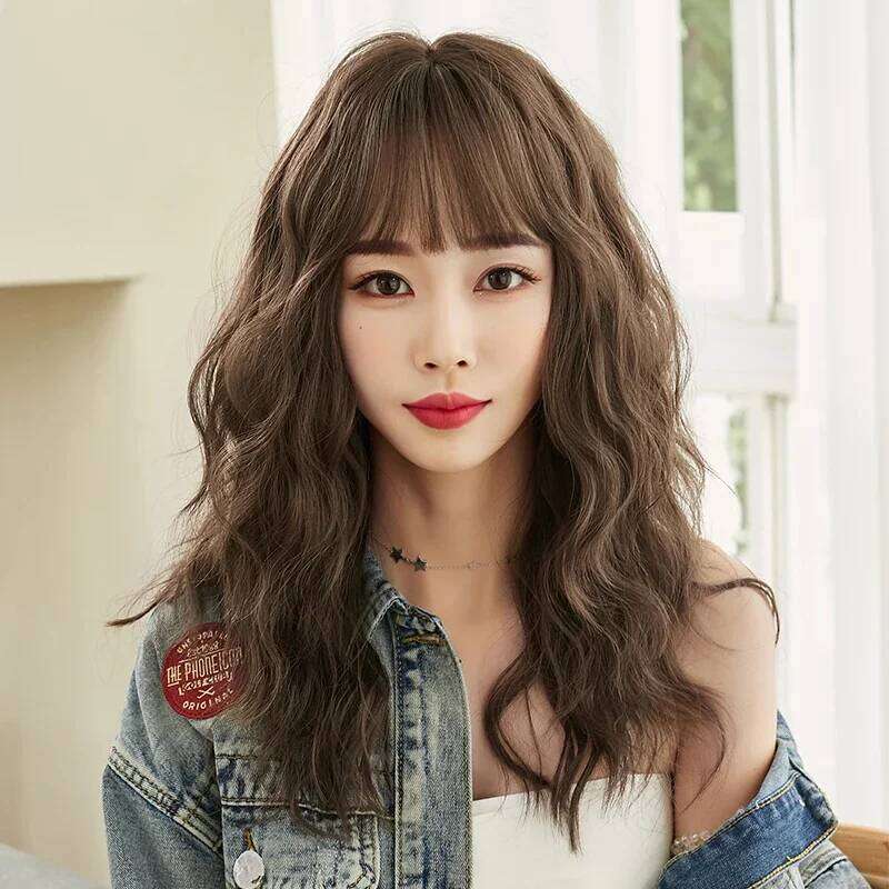 7JHH WIGS Synthetic Loose Curly Wave Cool Brown Wig for Women Daily Use Heat Resistant Layered Hair with Bangs Routine Wigs
