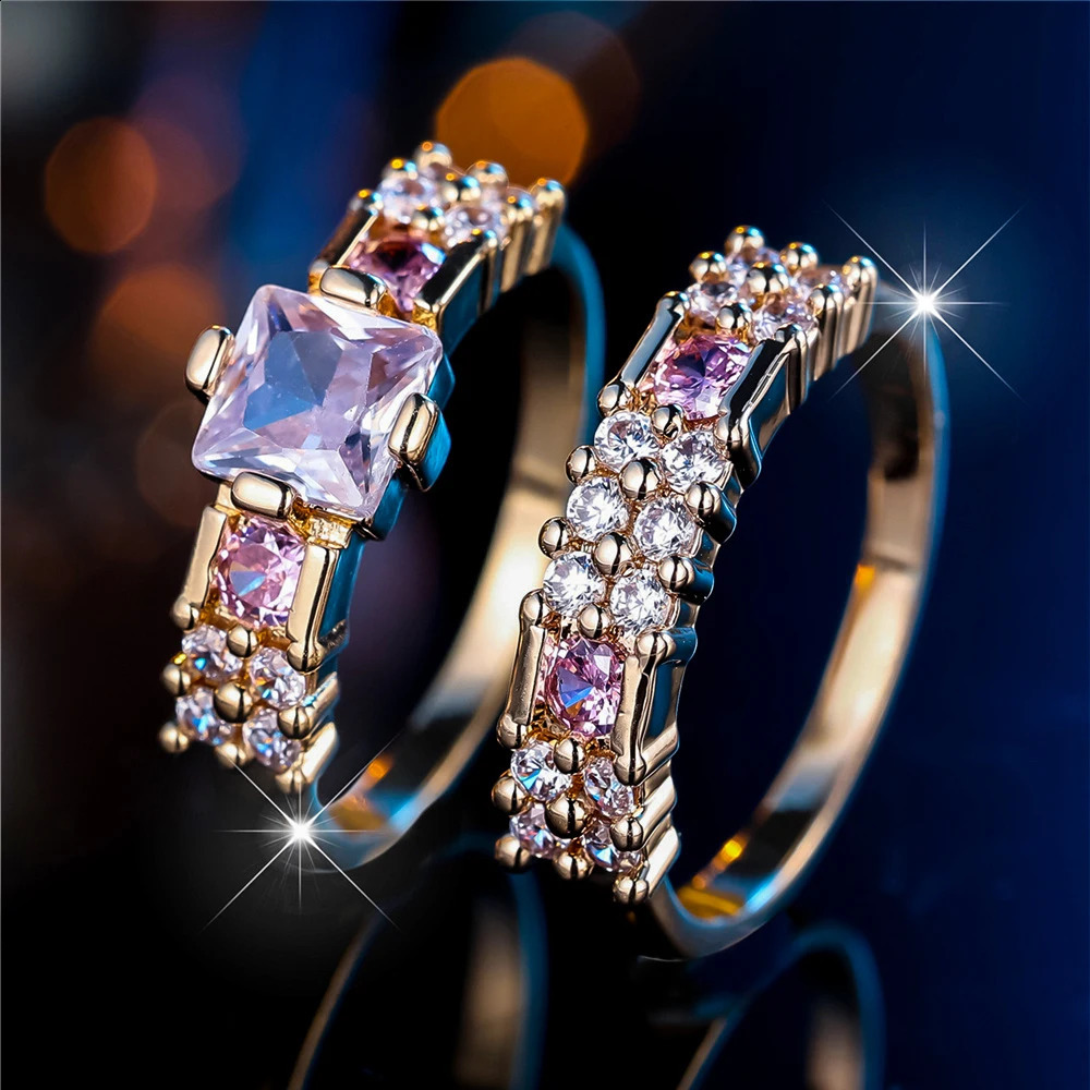 Crystal Female White Pink Zircon Stone Ring Set Gold Color Bridal Wedding Promise Love Engagement Jewelry For Women 250807