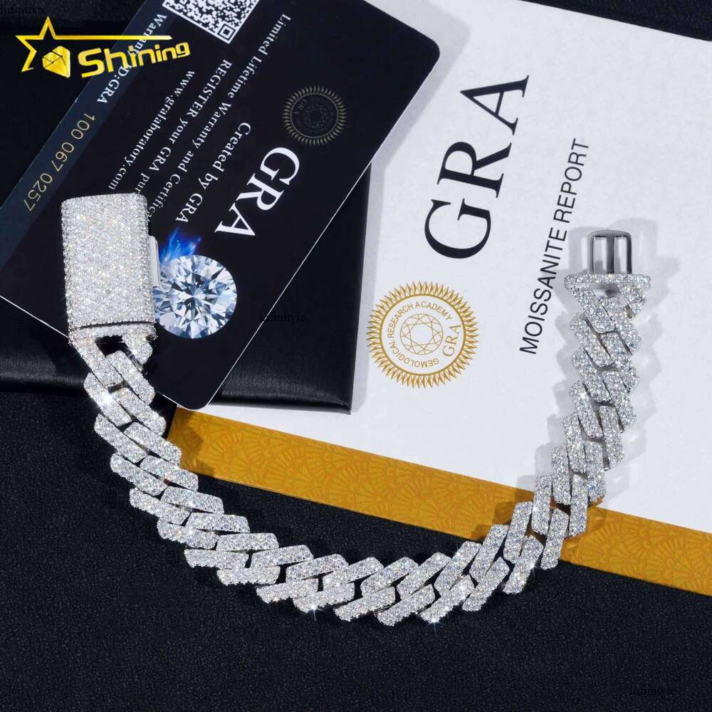 Trendy Two Rows 14mm Sterling Sier Hip Hop Fine Jewelry Vvs Moissanite Dia Cuban Link Bracelet Men