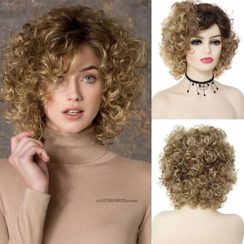 Synthetic Curly Short for Women Blonde with Bangs Sandy Grease Ombre Wigs Halloween Costume Wig Cosplay