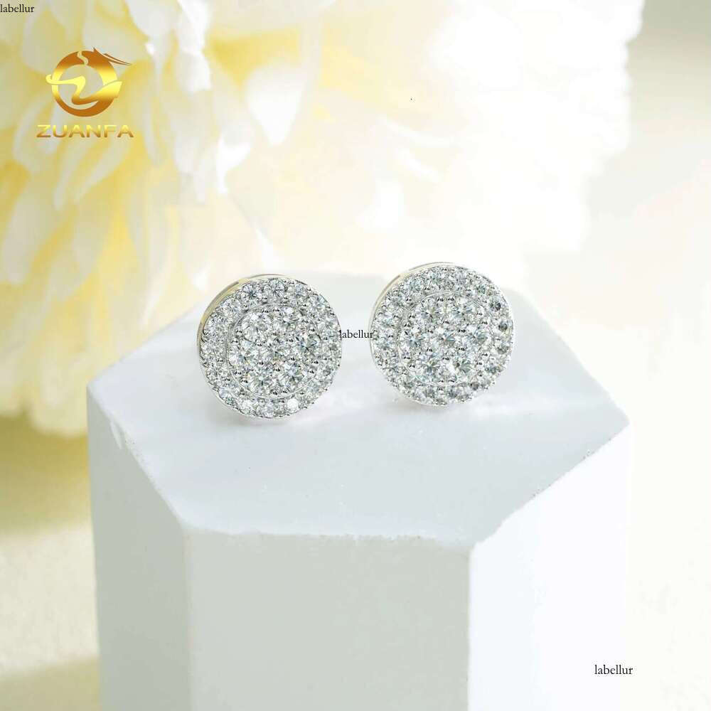 Round Cluster S Pure Sier Gold-Plated Micro Paving Back For Women Men Vvs Sand And Stone Earrings With Screw