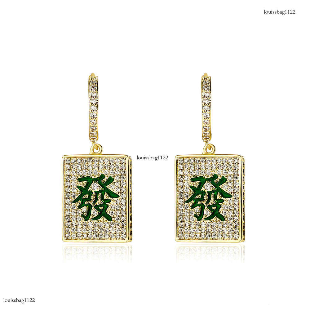 New Fortune Mahjong Personality Hip-Hop Trendy Chinese Zircon Earrings Same Style Gold Australian Jewelry