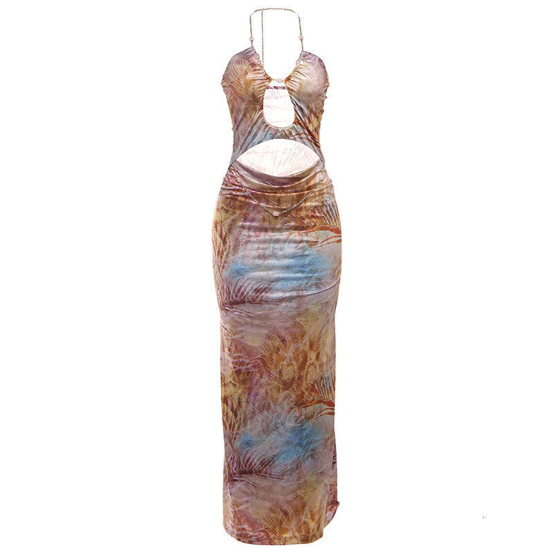 2025 Autumn New Womens Fashion Sexy Halter Neck Backless Slim Fit Bodycon Printed Dress