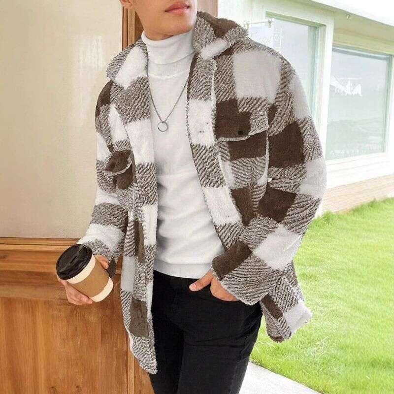 Men's Clothing Fashion Color Matching Plaid Lapel Three Dimensional Pocket Mid Length Jacket
