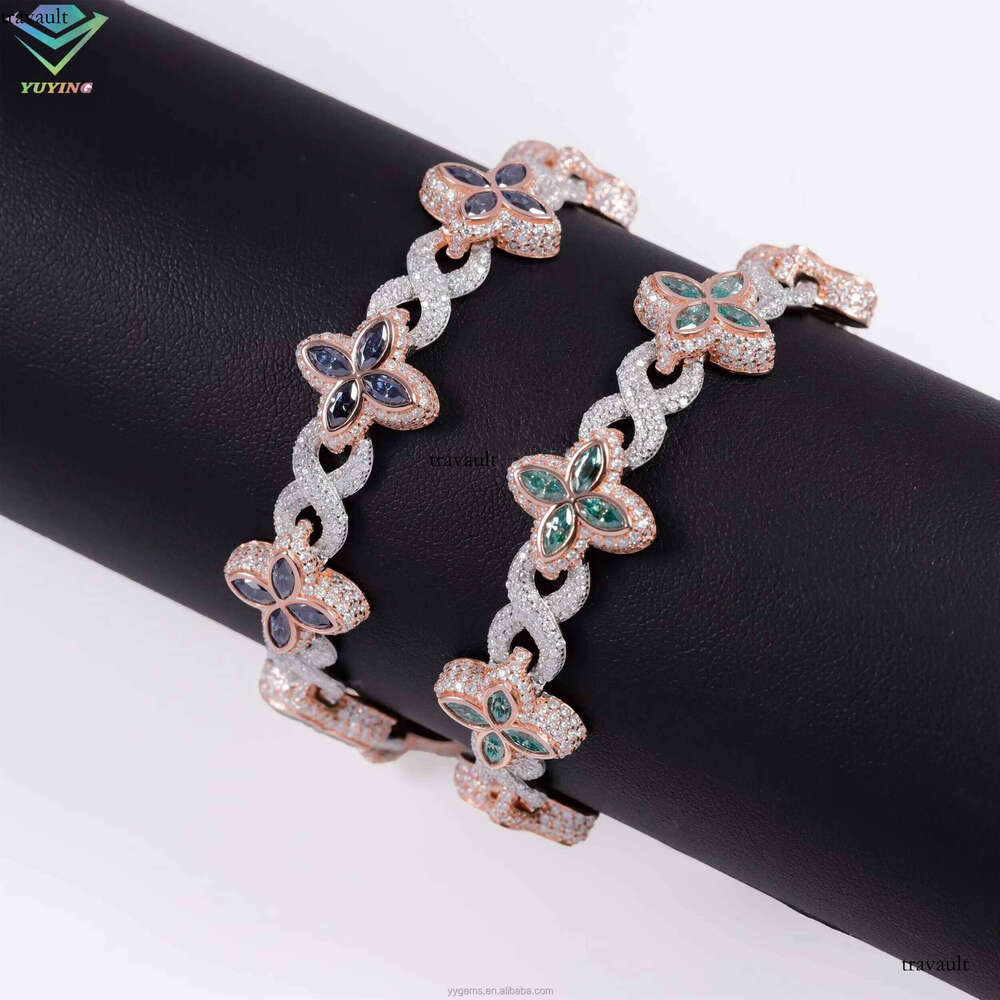 Jewelry S Sterling Sier Gold Clover Pink Green Blue Dia Cuban Hip Hop Moissanite Bracelet with GRA Certificate