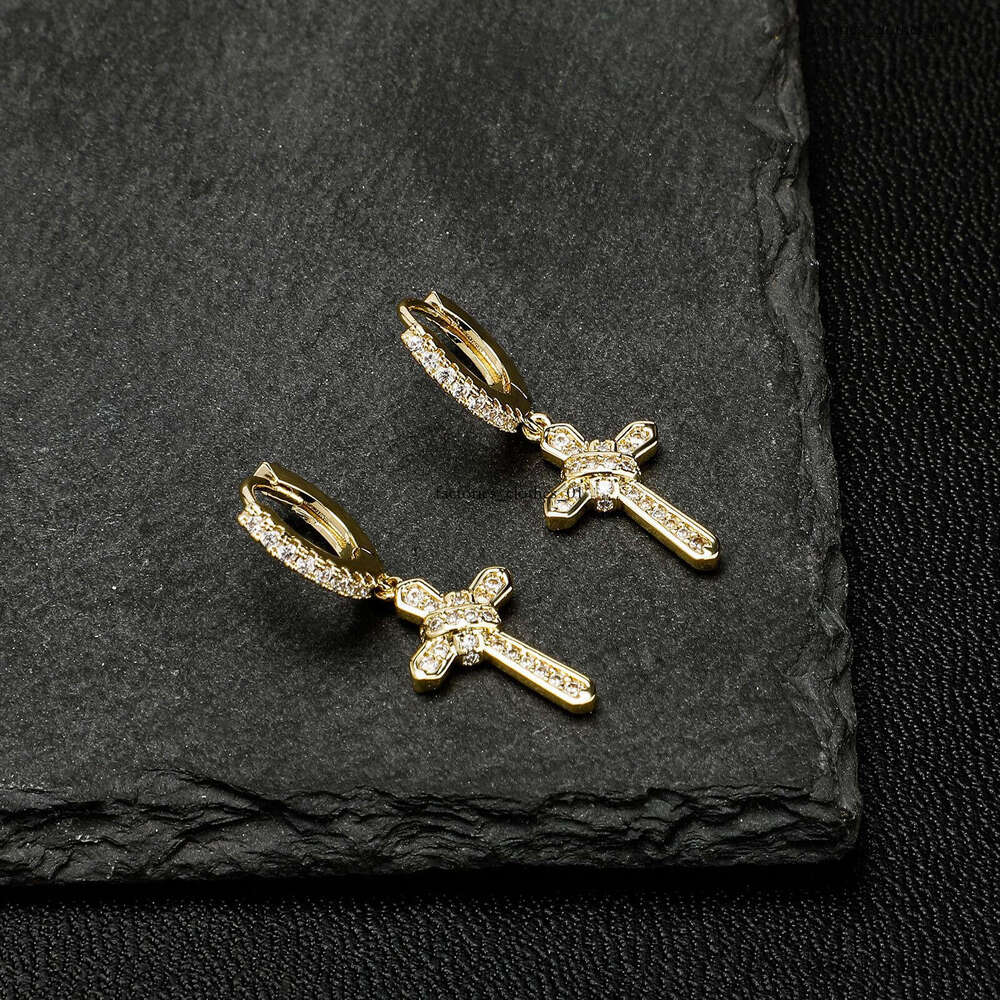 Full Zircon Cross Hip Hop Design Unisex Super Shiny Earrings Jewelry