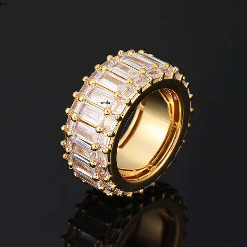 1mm Width Gold Dia Rings Hip Hop Iced Finger Jewelry Shiny CZ Stone Sier Plated Baguette Ring