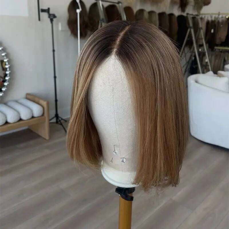 Ombre Honey Brown Blonde Lace Front Short Bob Dark Roots Heat Resistant Fibre Straight Wig Natural Preplucked Hairline 12''