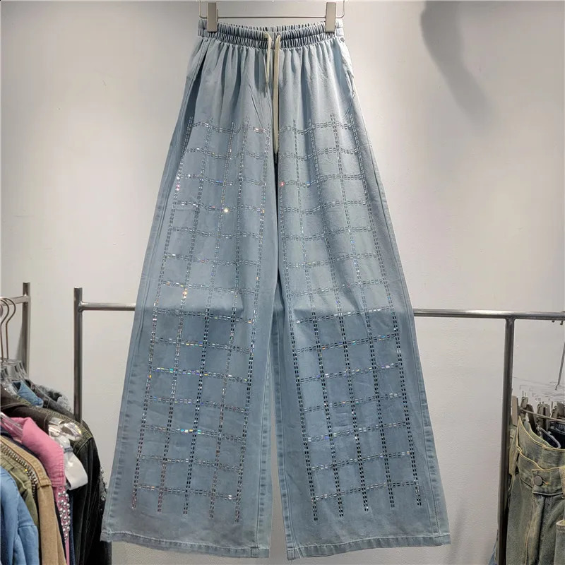 Women Plaids Diamonds Beaded Denim Shirt Rhinestones Jean Blouses Drilling Cardigan TopsSequined Wide Legs Pants Jeans 2pcs Set 250808