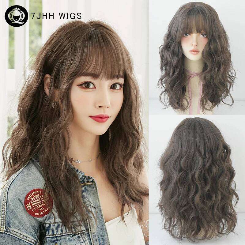 7JHH WIGS Synthetic Loose Curly Wave Cool Brown Wig for Women Daily Use Heat Resistant Layered Hair with Bangs Routine Wigs