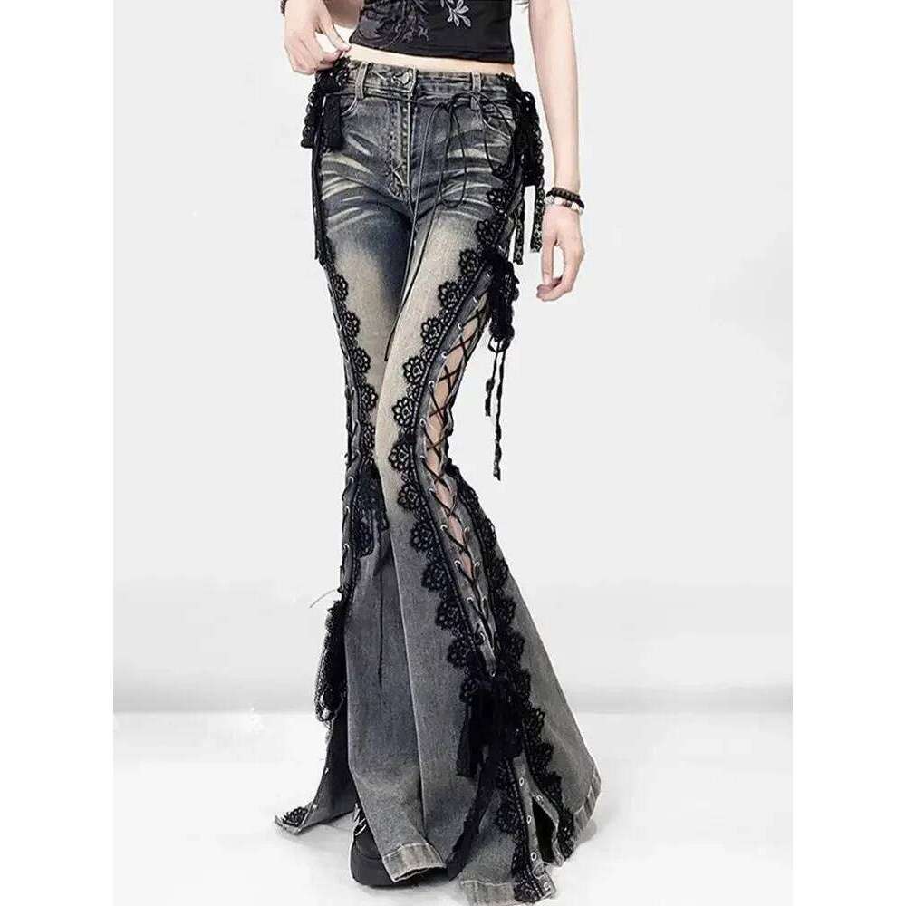American Vintage Y2k Lace Strap Split Denim Women's Straight Loose Wide Leg Pants 2025 Summer Streetwear Bell Bottom Jeans